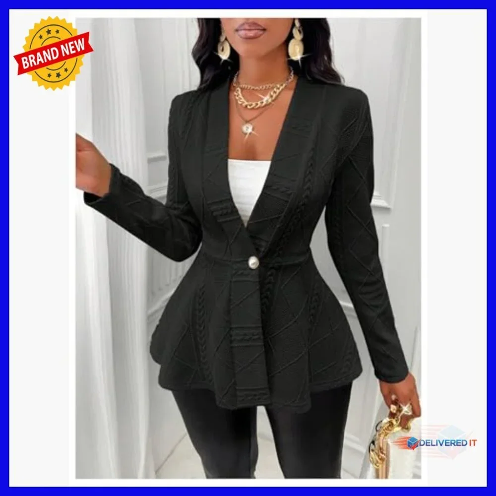 Peplum Blazer Jacket Textured Button Front Long Sleeve Business Casual